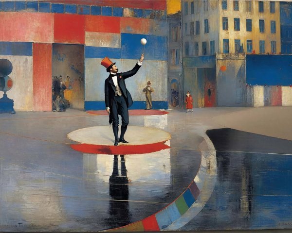 Surreal Painting of Circus Performer on Colorful Platform