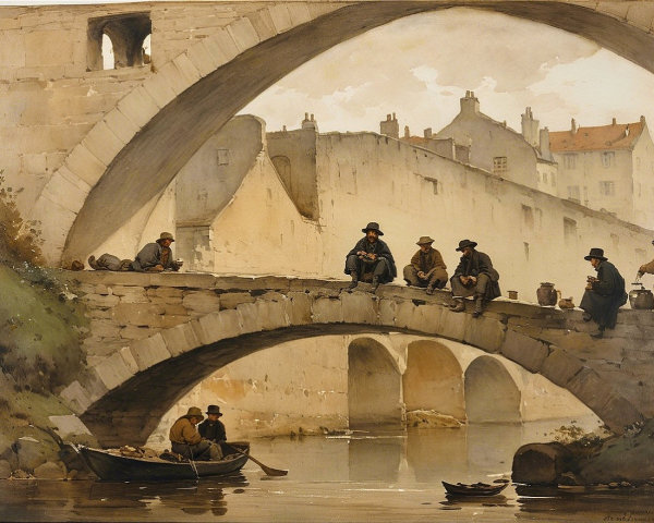 Serene Riverside Scene with Stone Bridge and Figures