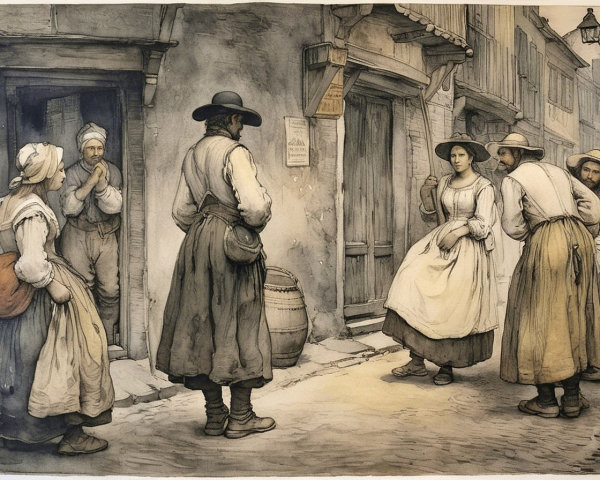 Historic Village Street Scene in Watercolor Style