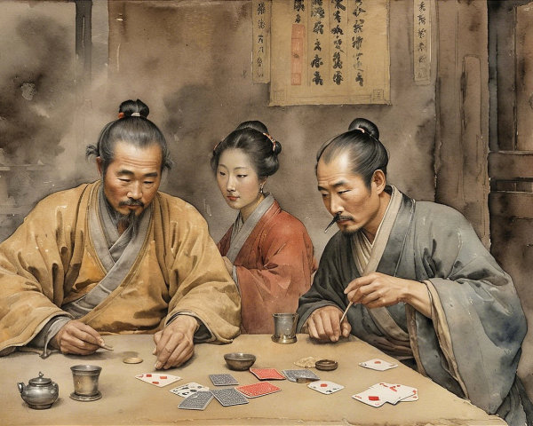 Card Game Among Three Figures in Traditional Attire
