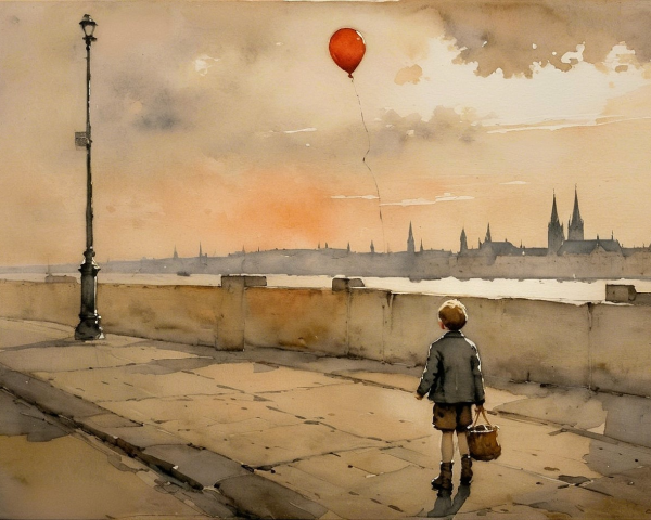 Watercolor Scene of a Boy with a Balloon by a River
