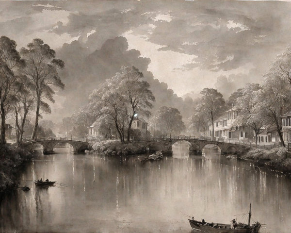Tranquil River Landscape with Boats and Bridge
