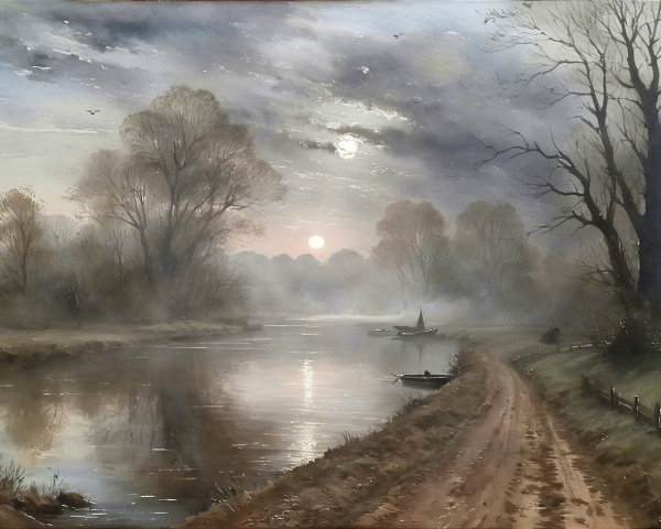 Calm River Scene at Dusk with Moon and Trees
