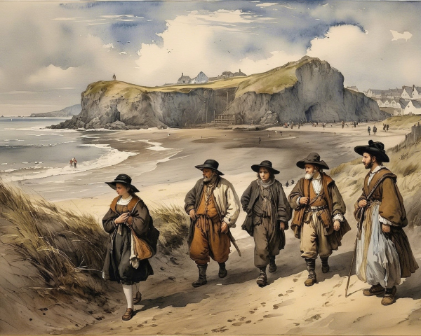 Watercolor Painting of Men Walking on a Beach