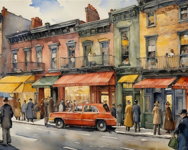 Vintage Town Street Scene with Colorful Storefronts