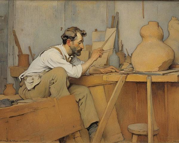 Potter Creating Clay Art in Rustic Workshop Setting