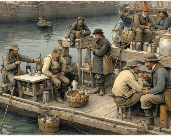 Fishing Dock Scene with Fishermen and Boats