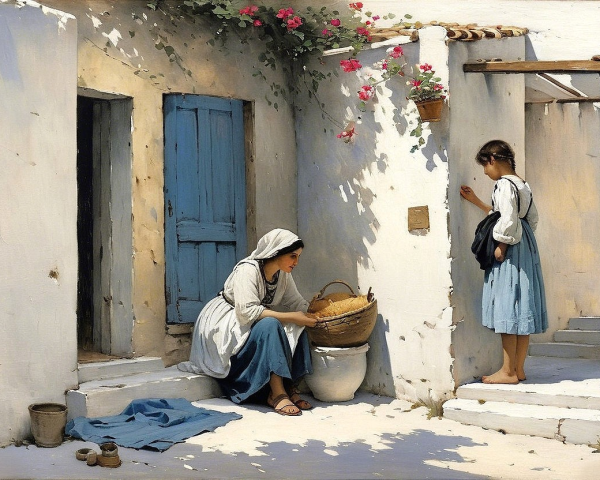 Serene Mediterranean courtyard with two women and plants