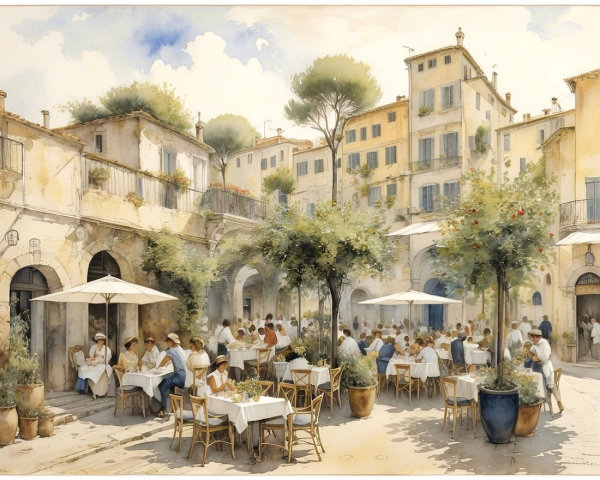 Outdoor Café Scene in a Sunny Plaza with Rustic Charm