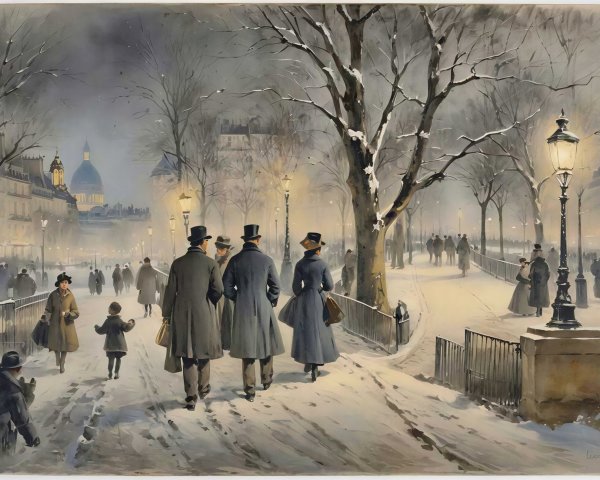 Snowy Evening Scene in a European City Watercolor