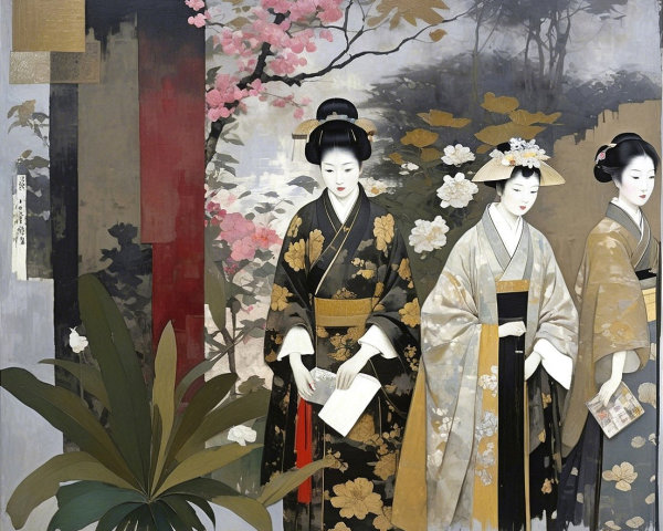 Three Women in Traditional Kimonos Surrounded by Blossoms