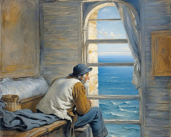 Contemplative Man by Coastal Window with Ocean View