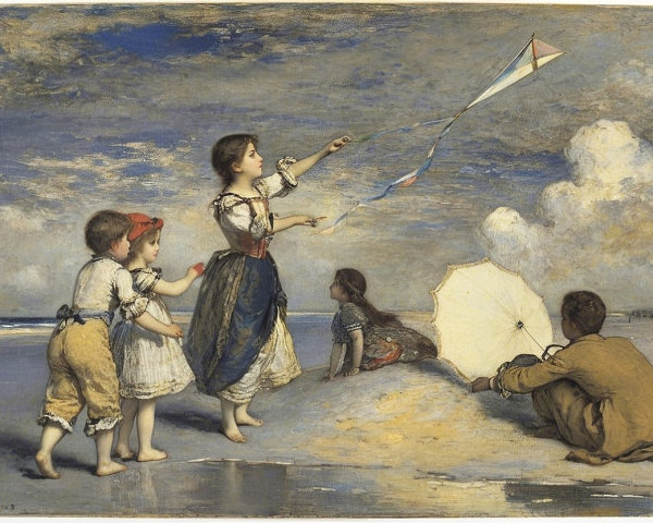 Charming Seaside Scene with Children Playing and Relaxing