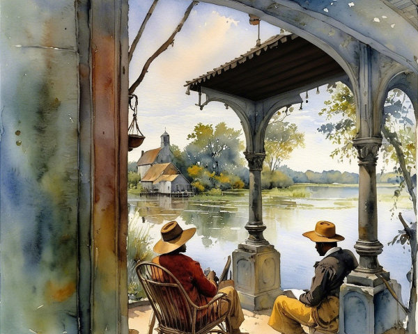 Figures in Rustic Chairs Under Gazebo by Waterway