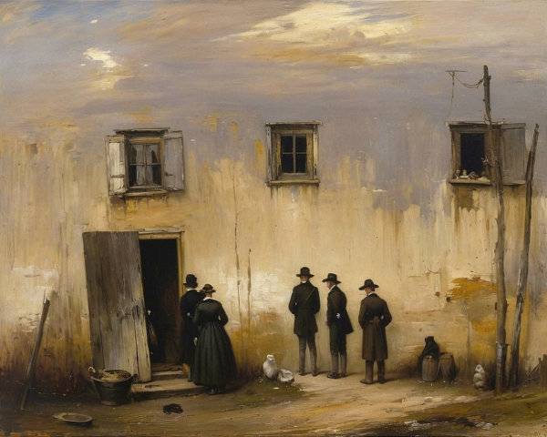 Weathered Building Scene with Figures and Animals