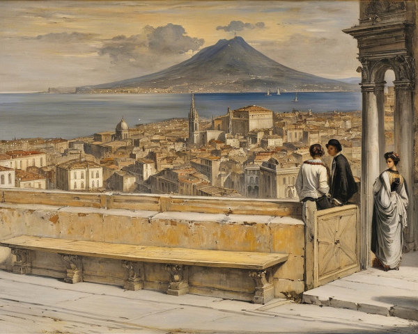 Coastal City View with Mount Vesuvius and Figures