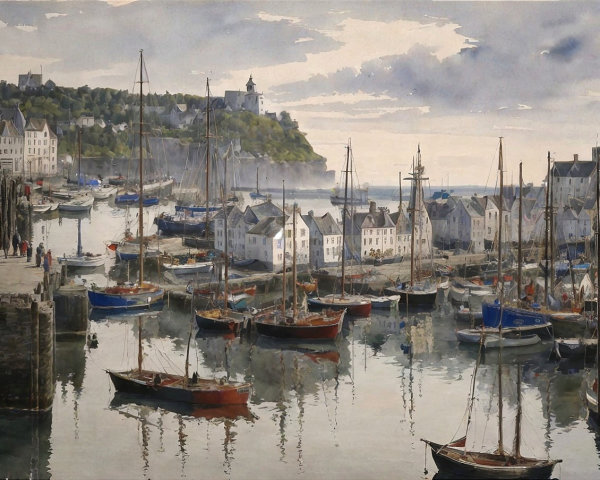 Coastal Harbor Scene with Boats and White-Washed Buildings