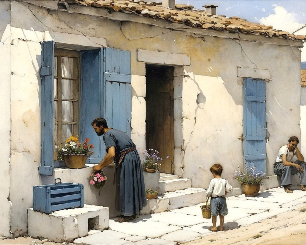 Quaint Village House with Flowers and Tranquil Scene