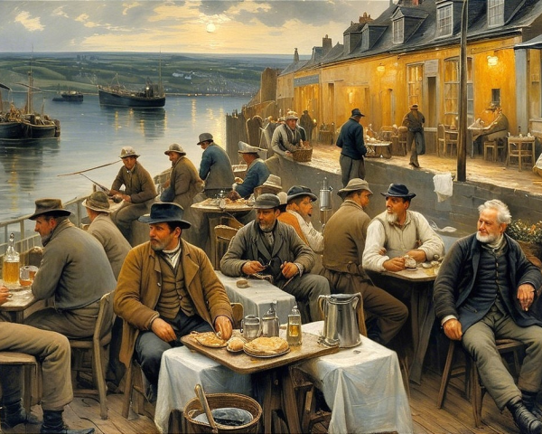 Coastal Pub Scene with Fishermen and Warm Ambiance