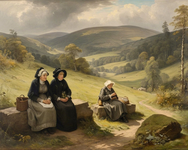 Women in Traditional Attire in a Serene Landscape