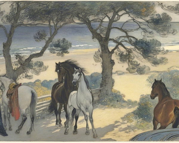 Coastal Scene with Horses and Woman by the Beach