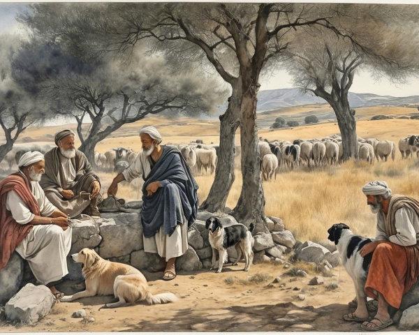 Pastoral Scene with Men, Sheep, and Olive Trees