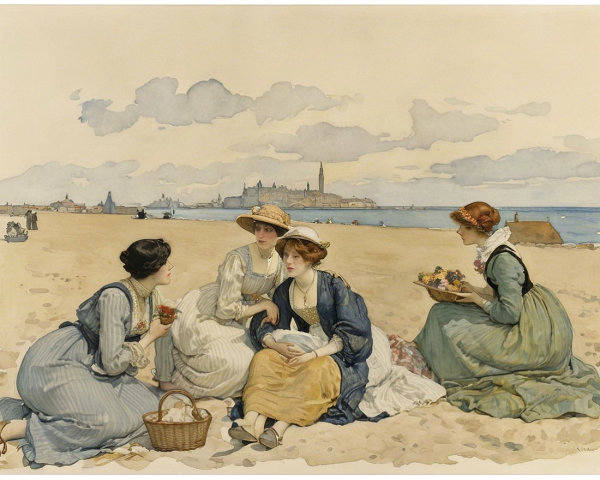 Beach Scene with Women, Flowers, and Fruit Basket