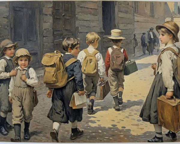 Schoolboys in Early 20th Century Attire on Cobblestone Street