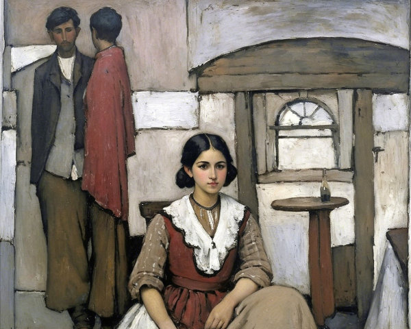 Young Woman in Traditional Outfit with Figures Behind