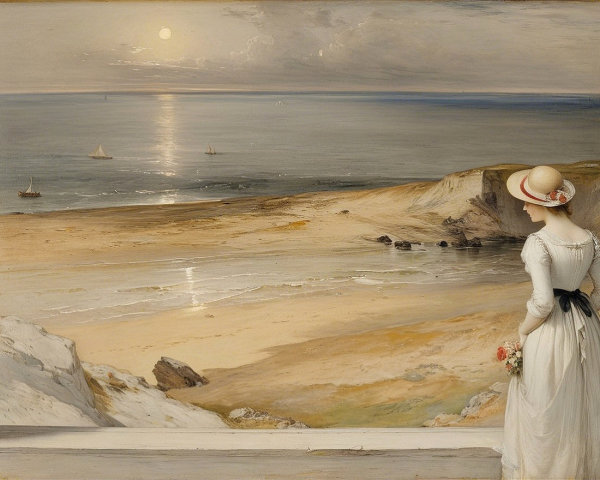 Coastal Scene with Woman in White Dress by Moonlight