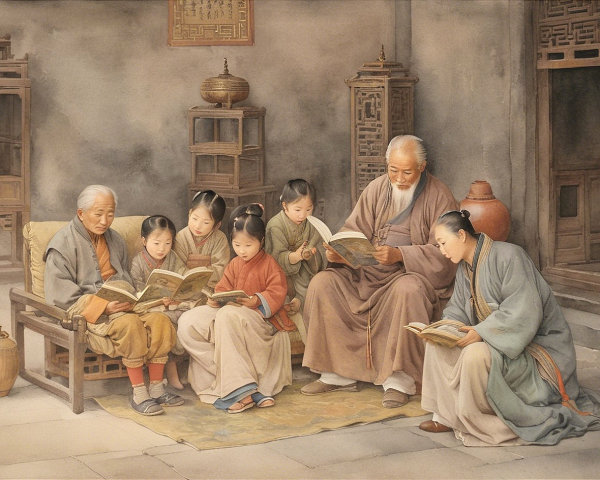 Elderly men and children reading on a stone patio