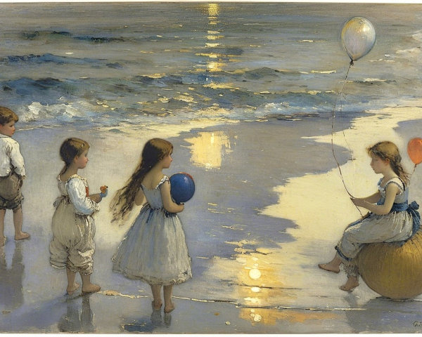 Serene Beach Scene at Sunset with Children Playing
