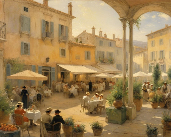 Outdoor café scene in a sunlit square with patrons