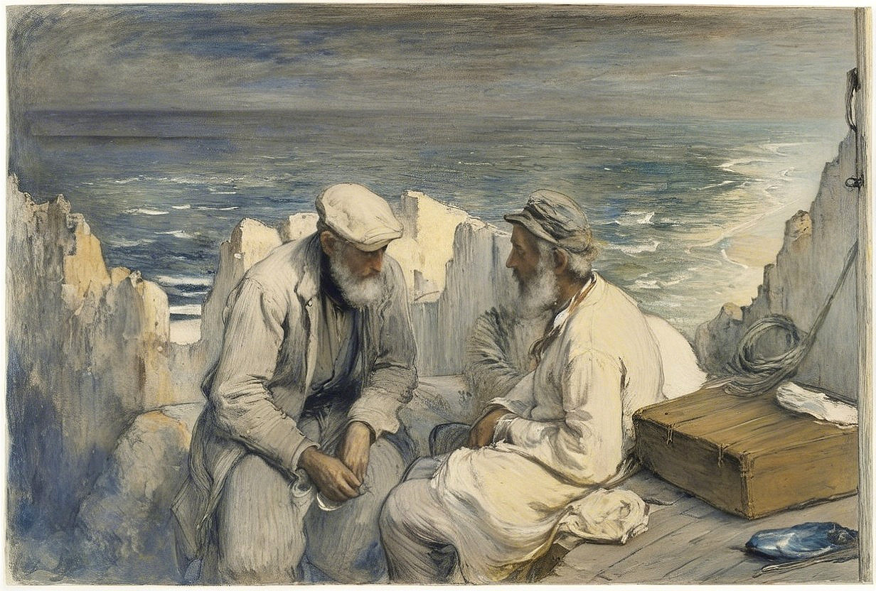 Elderly Men in Conversation by Serene Seaside Ruins