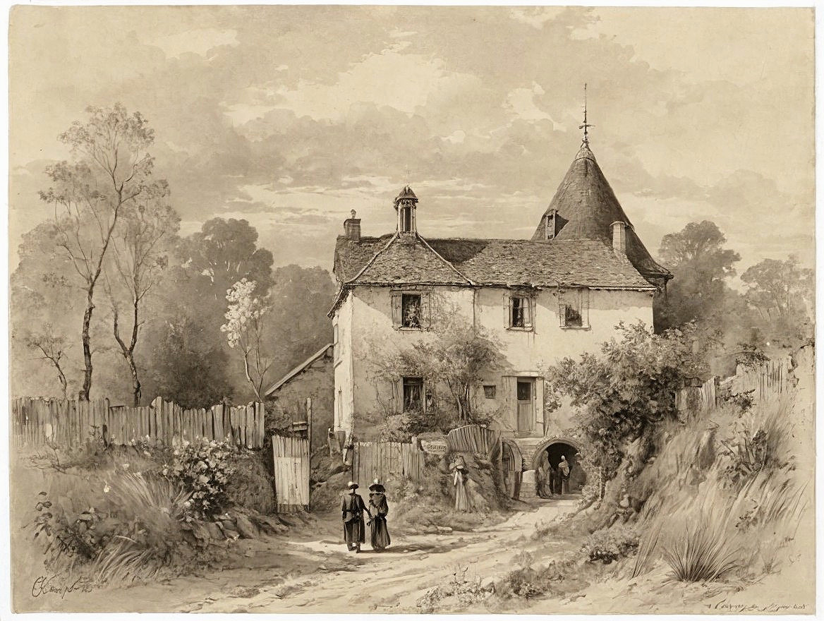 Charming Rural Scene with Old House and Figures