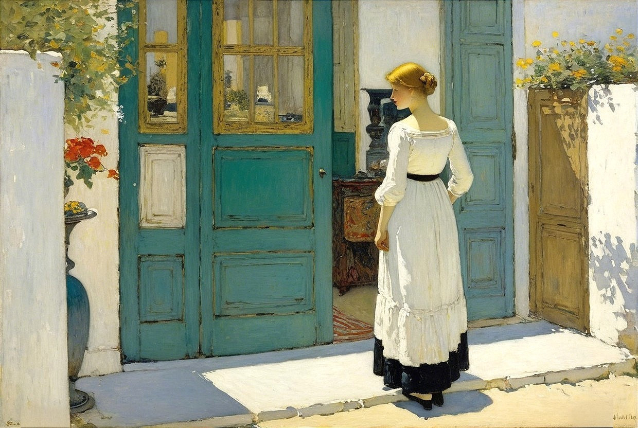 Young Woman by Turquoise Shutters in Sunlit Scene