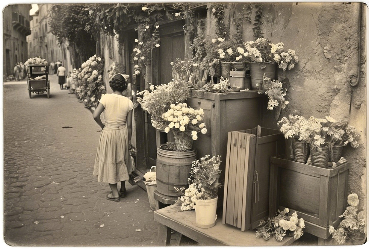 Vintage Flower Vendors on a Charming Narrow Street