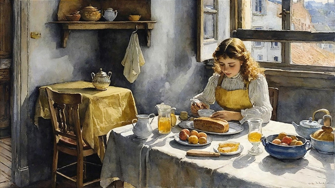 Young girl enjoying breakfast in a sunlit kitchen