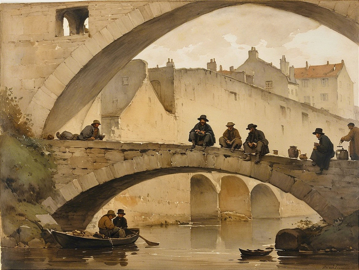 Serene Riverside Scene with Stone Bridge and Figures