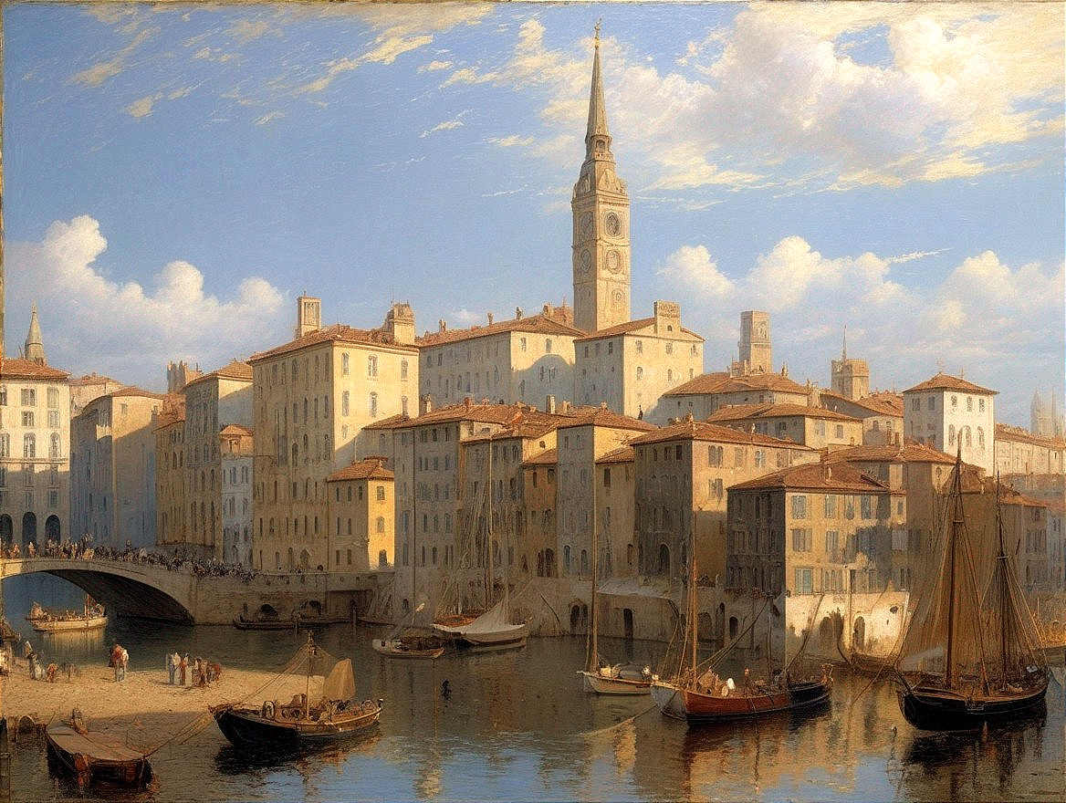 Waterfront Scene with Buildings and Clock Tower