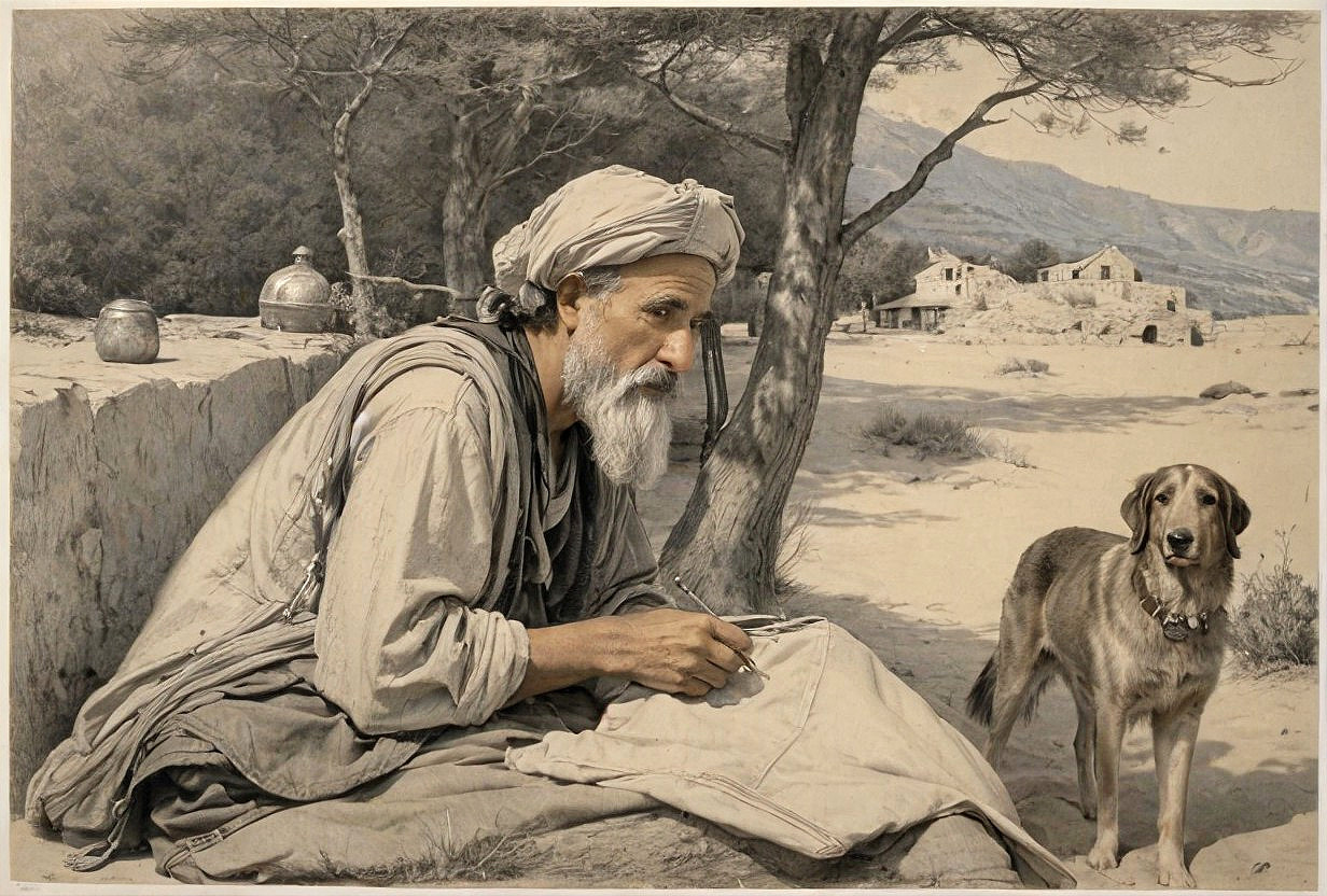 Elderly Man Sewing Outdoors with Loyal Dog Nearby