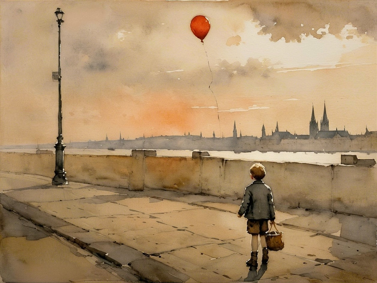 Watercolor Scene of a Boy with a Balloon by a River