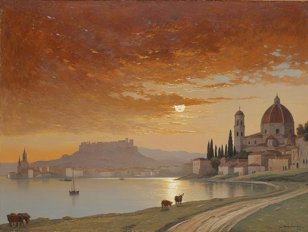 Serene Sunset Landscape with Water and Silhouettes