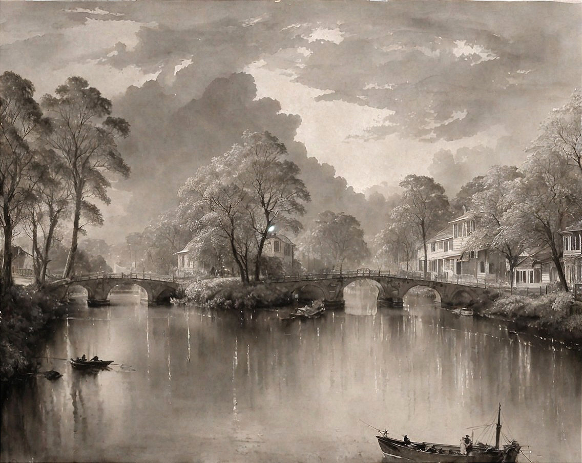 Tranquil River Landscape with Boats and Bridge