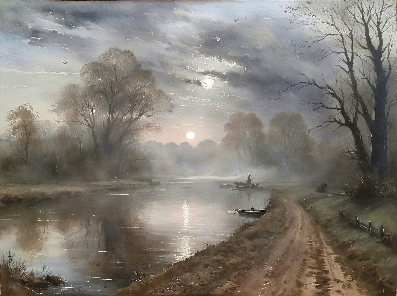 Calm River Scene at Dusk with Moon and Trees