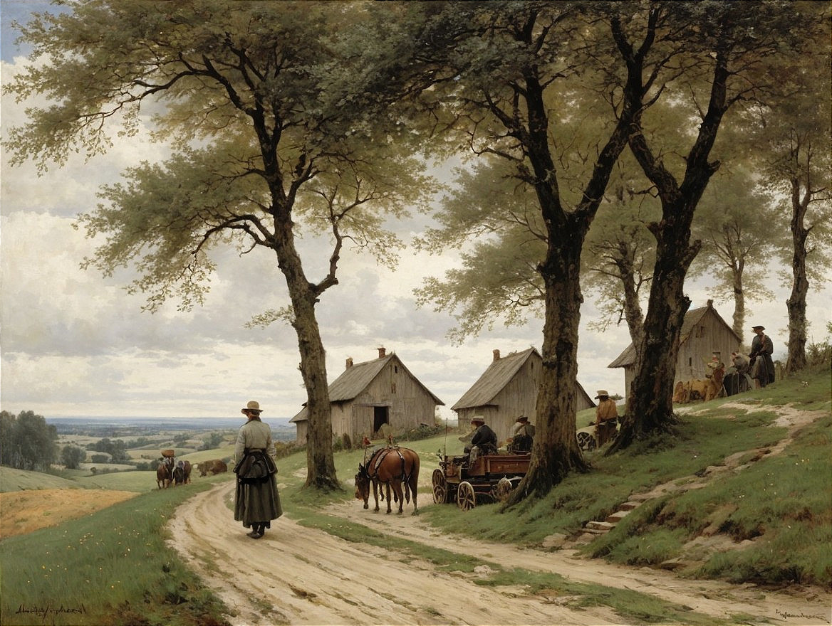 Serene Countryside Road with Rustic Cottages and Trees