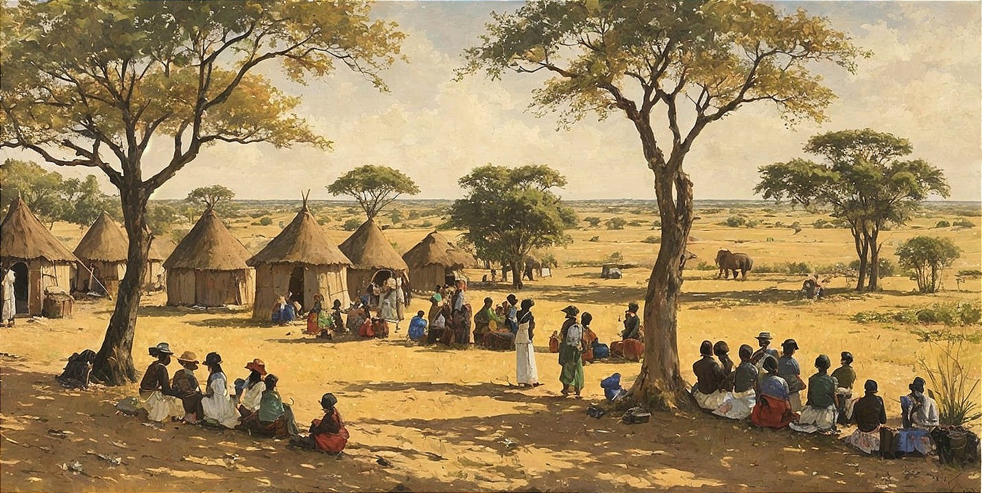 Serene African Landscape with Huts and Elephants