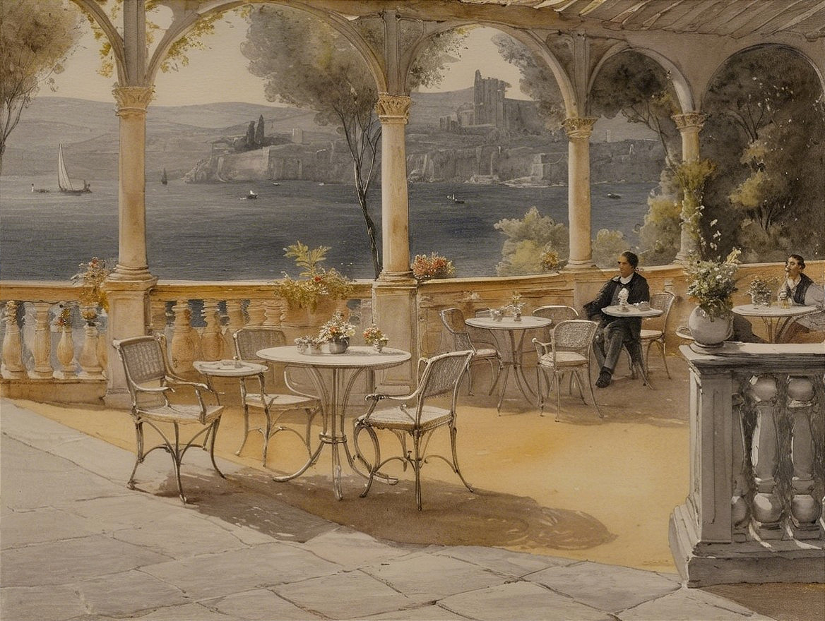 Tranquil Terrace Overlooking Serene Lake and Hills