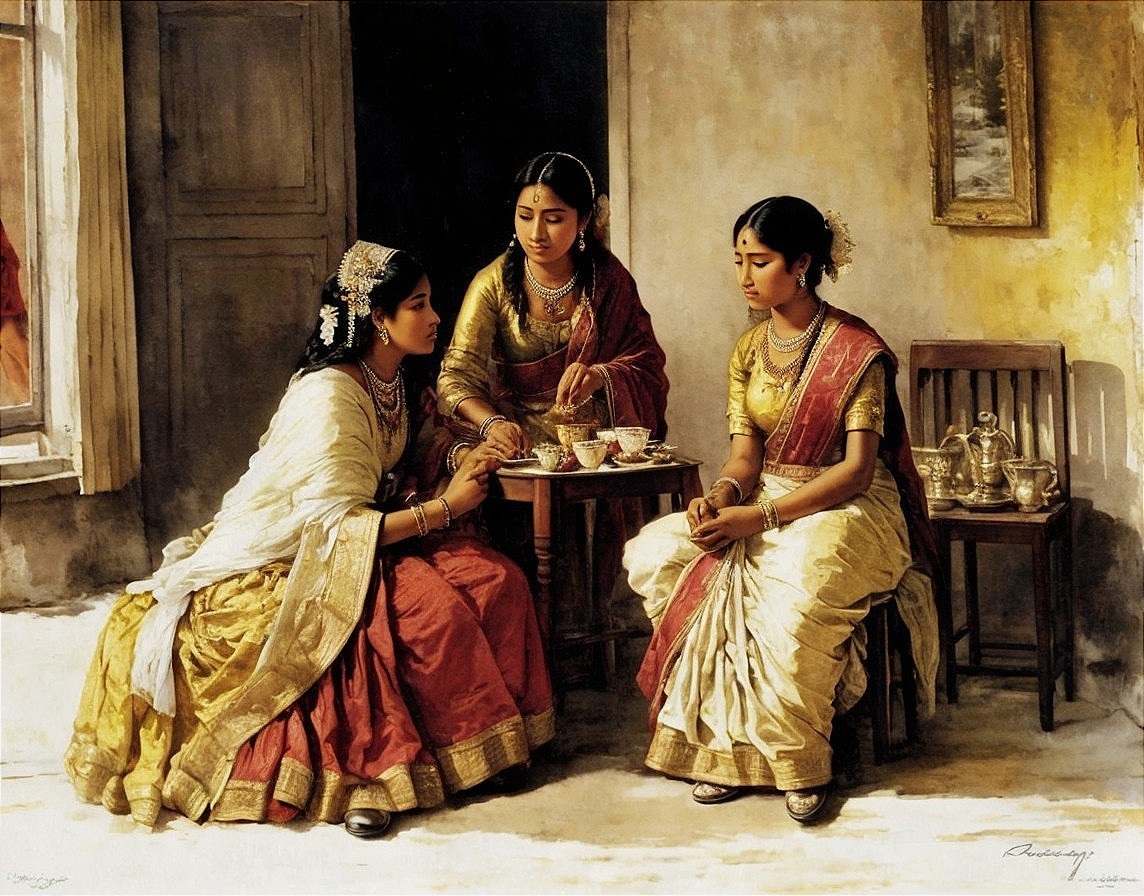Women in Traditional Attire Enjoying Tea and Conversation