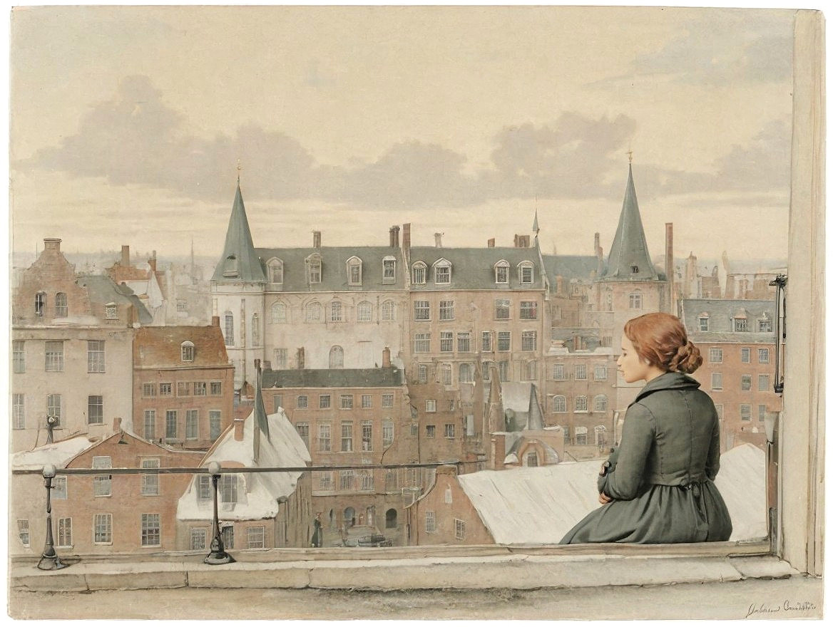 Young Girl Overlooking Historic Cityscape with Clouds